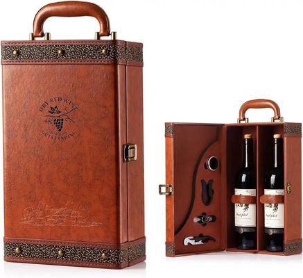 Autres cadeaux artisanaux stockage en cuir boîte à vin et poignées bouteille unique boîte cadeau réutilisable Crocodile Grain Pu cuir double bouteille 750 ml boîte à vin rouge